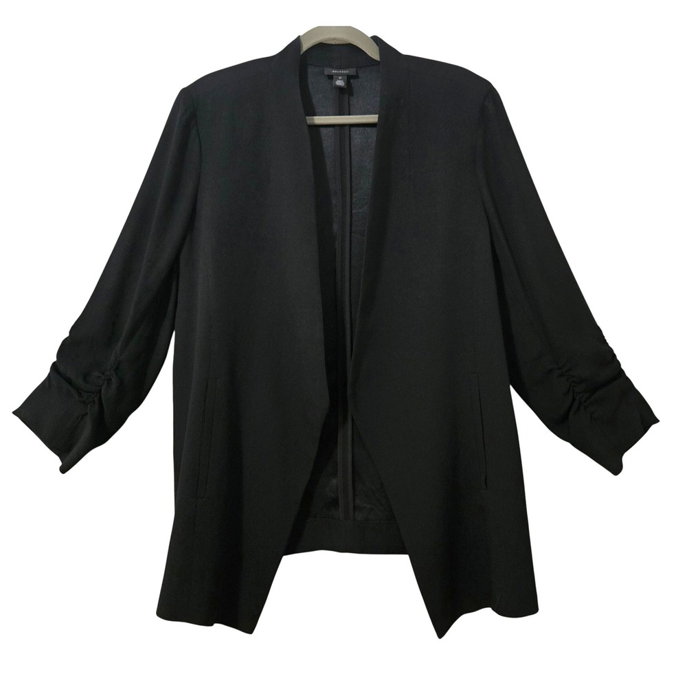 Halogen Womens XL Designer Chic Black Open Front Ruched 3/4 Sleeve Blazer Jacket